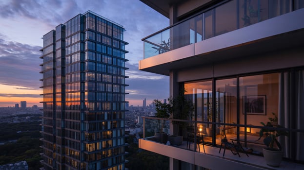 Modern high rise apartments at sunset with city views photo