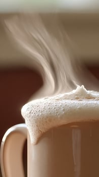 Steaming Hot Coffee Mug with Creamy Foam on a Cozy Morning. photo