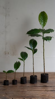 Small plants growing in sequence on a wooden surface. photo