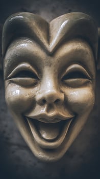 Detailed close up of a weathered smiling mask with a joyful expression. photo