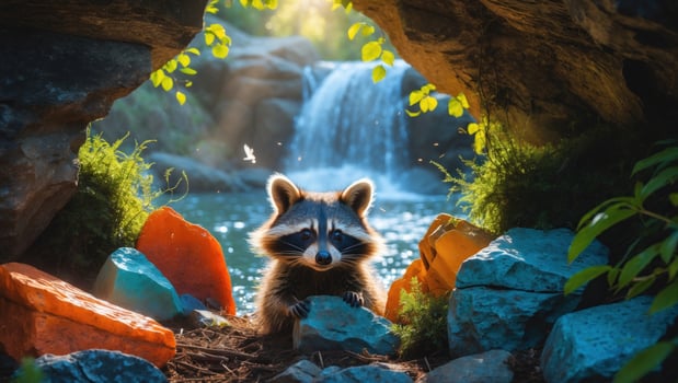 Raccoon peeking from a rocky cave near a waterfall, surrounded by colorful stones in a serene forest photo