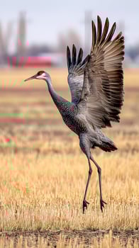 Majestic Sandhill Crane Takes Flight in Golden Field. photo