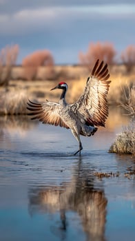 Majestic Crane Spreads Wings in Shallow Water at Sunrise. photo