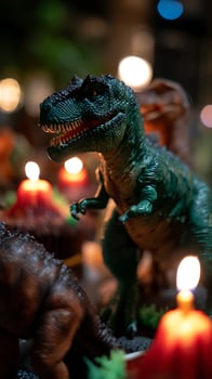 Dramatic Dinosaur Scene with Festive Blurry Lights and Flames. photo
