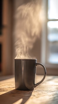 Warm Steam Rising From a Mug on a Wooden Table photo