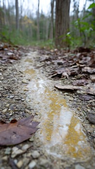 Forest Path After Rain, Reflecting Autumn Colors and Sky. photo