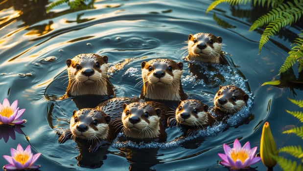 A playful group of otters swimming together in a serene pond surrounded by lush greenery and flowers photo