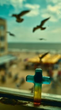 Glass Cross on Window Sill with Seagulls Flying Over Beach Scene. photo