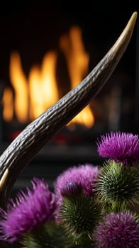 Cozy Scottish Scene With Antler and Thistle by a Fireplace. photo