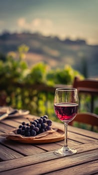 A Glass of Red Wine and Grapes Enjoyed Outdoors with a Scenic View. photo