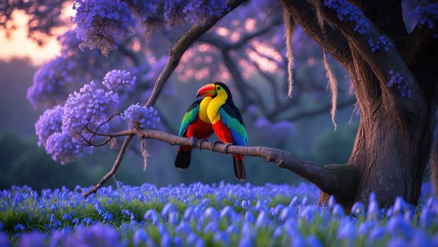 Vibrant toucan perched on a branch amidst blooming purple flowers at sunset in a serene landscape photo