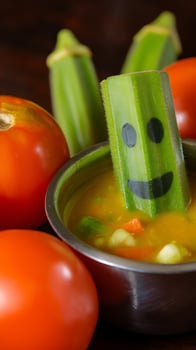 Happy Okra Character Peeking Out of Delicious Vegetable Soup. photo