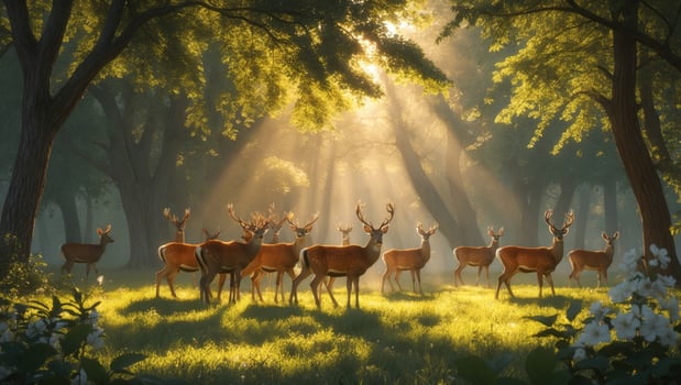 A serene forest scene featuring a group of deer basking in sunlight, surrounded by lush greenery photo
