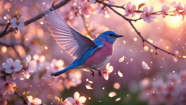 Colorful bird in mid-flight surrounded by cherry blossoms, with petals drifting in the warm sunset glow photo
