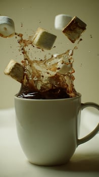 Marshmallows Splash into Hot Chocolate in Dramatic Slow Motion Action. photo