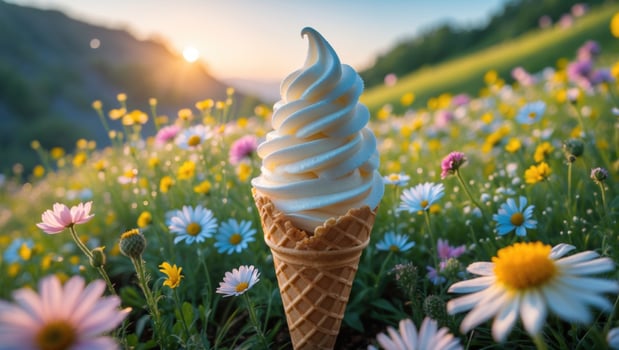 Ice cream cone with swirls of vanilla flavor placed in a vibrant flower field during sunset photo