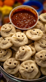 Happy dumplings with a side of tasty dipping sauce. photo