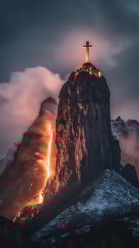 Dramatic Mountain Peak Cross Illuminated by Fiery Lava Streams Below. photo