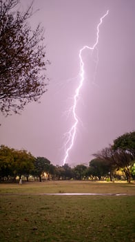 Majestic lightning bolt illuminates the night sky over a park. photo