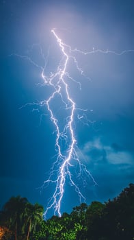 Brilliant Lightning Strikes illuminate a Stormy Night Sky Over Tropical Trees. photo