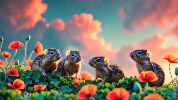 A group of playful chipmunks enjoying a vibrant meadow filled with poppies under a colorful sky photo