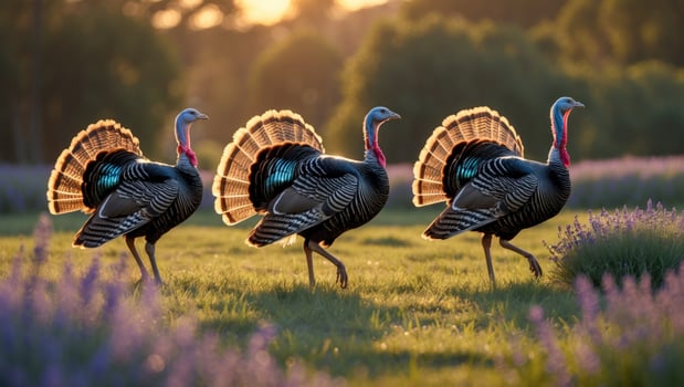 Three wild turkeys walking gracefully through a lavender field at sunset, showcasing nature's beauty photo