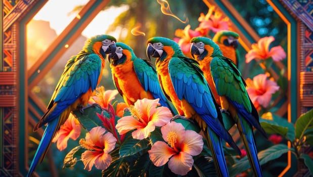 Vibrant macaws perched among colorful hibiscus flowers in a tropical setting at sunset photo