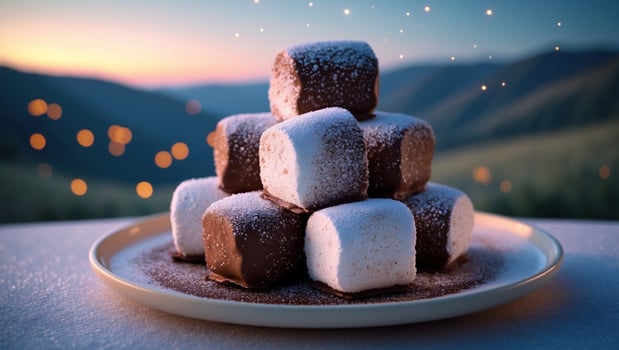 A delicious stack of chocolate-covered marshmallows on a plate, set against a serene mountain sunset photo