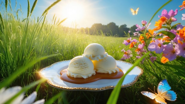 Ice cream scoops on a decorative plate, surrounded by vibrant flowers and butterflies in a sunny field photo