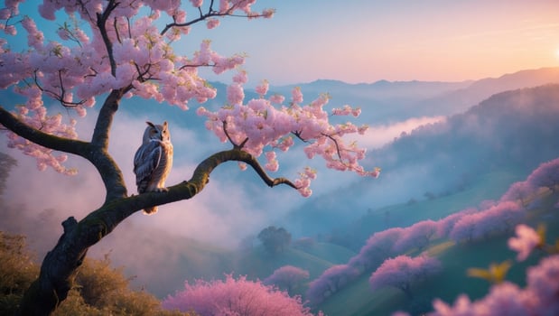Serene owl perched on a cherry blossom tree at sunrise, overlooking misty hills and blooming landscape photo