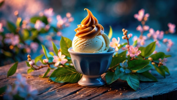 Creamy ice cream swirl topped with caramel sauce, surrounded by blooming flowers on a rustic wooden table photo