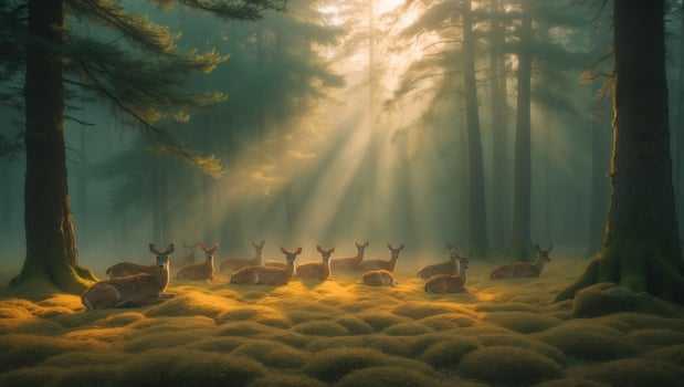 Serene Forest Scene with Deer Grazing Under Sunlight Filtering Through Trees in a Misty Environment photo