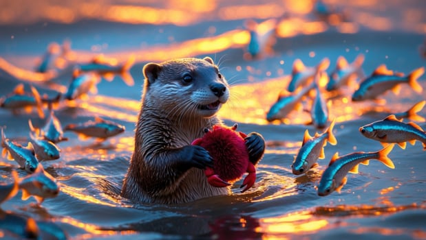 Playful otter holding a bright red crab in a shimmering water scene during sunset, surrounded by fish photo