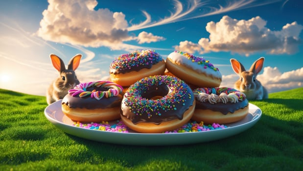 A vibrant plate of colorful donuts surrounded by playful rabbits in a sunny, grassy landscape photo