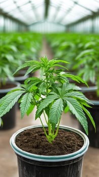 Young cannabis plant growing in a greenhouse cultivation, displaying genetic development and healthy green foliage. photo