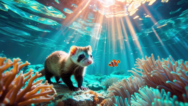 A curious ferret exploring a vibrant coral reef underwater, with colorful fish and sun rays illuminating the scene photo