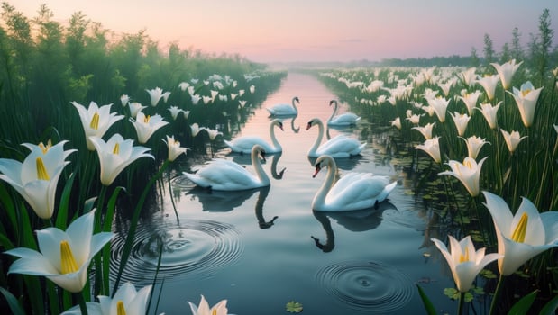 Serene scene of swans gliding through a tranquil waterway surrounded by blooming lilies at dawn photo
