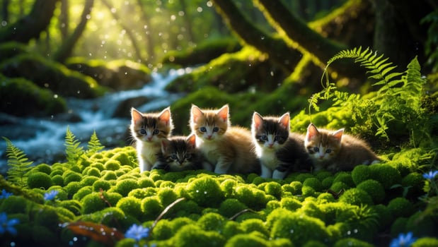 Five playful kittens exploring a lush green forest with a gentle stream and sunlight filtering through trees photo