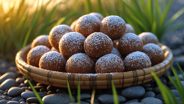 A beautifully arranged basket of sweet, round treats dusted with powdered sugar on a stone surface photo