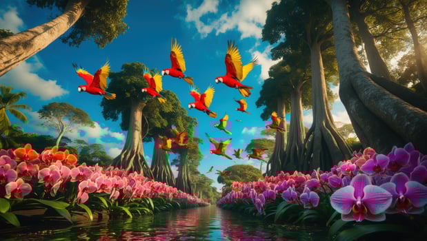 Vibrant scene of tropical birds flying over a serene river surrounded by blooming orchids and lush trees photo