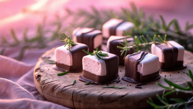 Delicious chocolate-covered marshmallows arranged on a rustic wooden board with greenery, evoking a cozy atmosphere photo