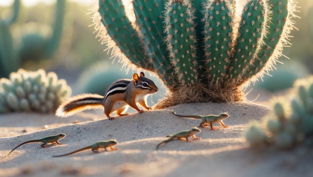 A chipmunk walking in the desert near a cactus, with small lizards following in the background photo
