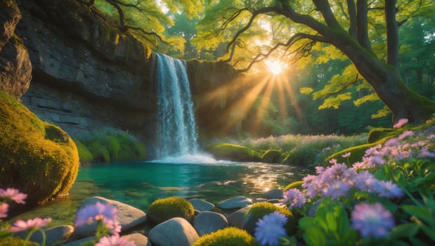Serene waterfall cascading into a tranquil pool surrounded by vibrant flowers and lush greenery photo
