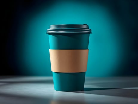 A green cup with a brown paper sleeve on a table photo