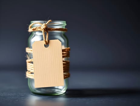 A jar with a label and a string on a dark background photo