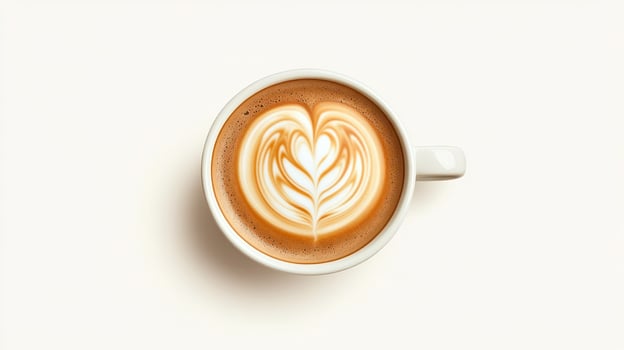 Coffee beverage. Latte art design floats. Warm milk beverage. Cup view top. White background. Cafe menu beverage photo