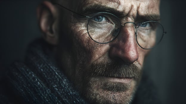 Close Up of Mature Man with Glasses and Beard Wearing Dark Sweater in Intimate Portrait photo