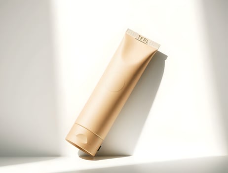 Beige Cosmetic Tube on White Surface with Light and Shadow photo