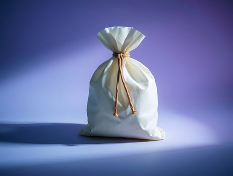 White Cloth Sack Tied with Jute Rope on Purple Background Minimalist Concept Photography photo