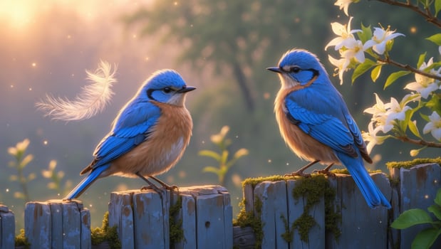 Two vibrant blue birds perched on a rustic fence, surrounded by blooming flowers and soft sunlight photo